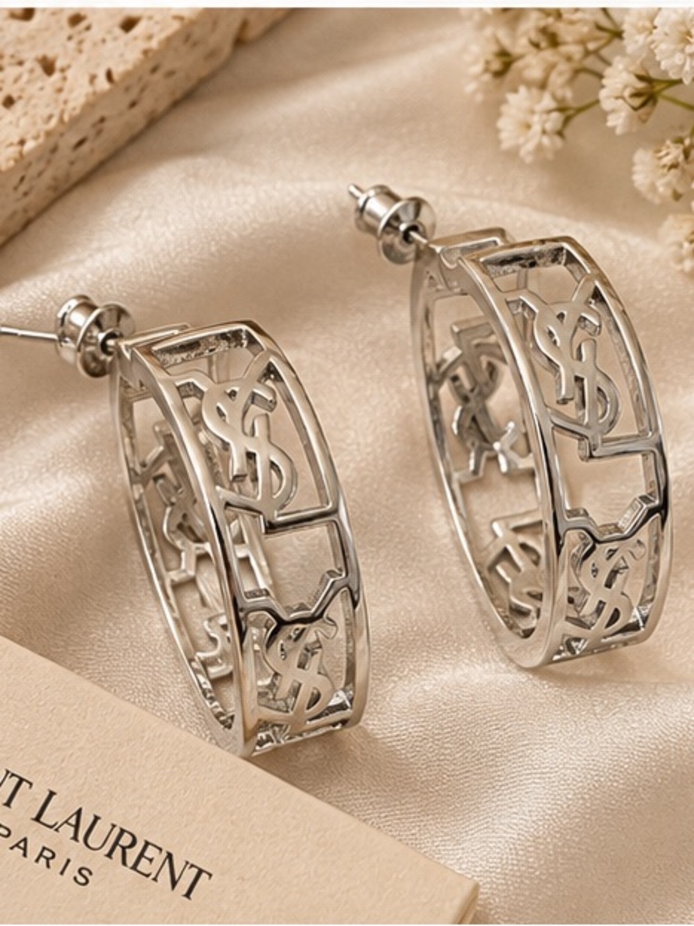 Designer Inspired Silver Openwork Logo Hoop Earrings